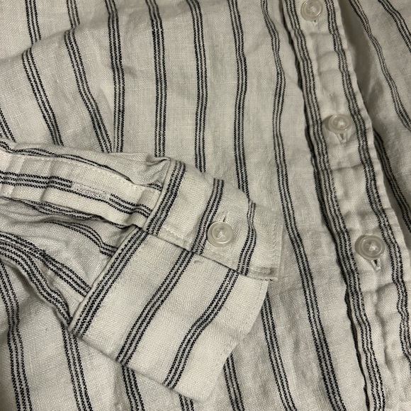 QUINCE XS European Linen Button Up Shirt Top Oatmeal Black Stripe Collar - Picture 8 of 9